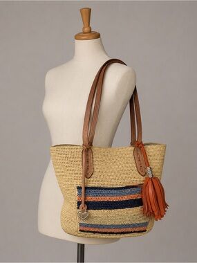 BRIGHTON Rafia Straw & Leather FERRARA DINA Tassel TOTE Coral & Blues